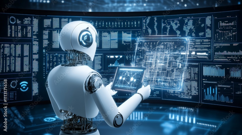 An AI researcher training a machine learning model, surrounded by data screens