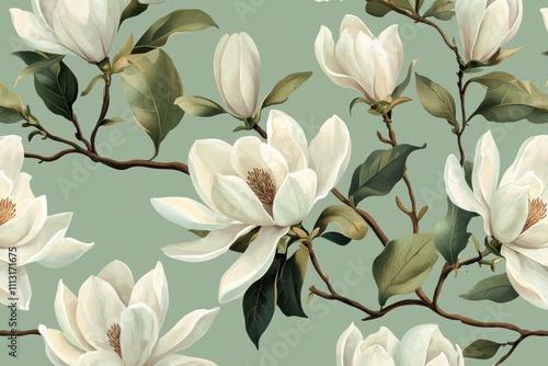 Elegant magnolia flowers on soft green background, showcasing the beauty of nature with delicate white petals and lush green leaves. Perfect for home decor and botanical design.