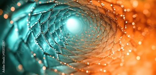 Gradient feathers with a blend of orange and teal, glistening with dewdrops, over a time-bending hexagonal vortex. photo