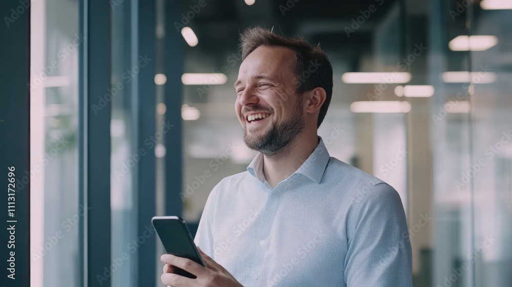 Man smiling while looking at his smartphone in an office setting. Man smiling while looking at his smartphone in an office setting.