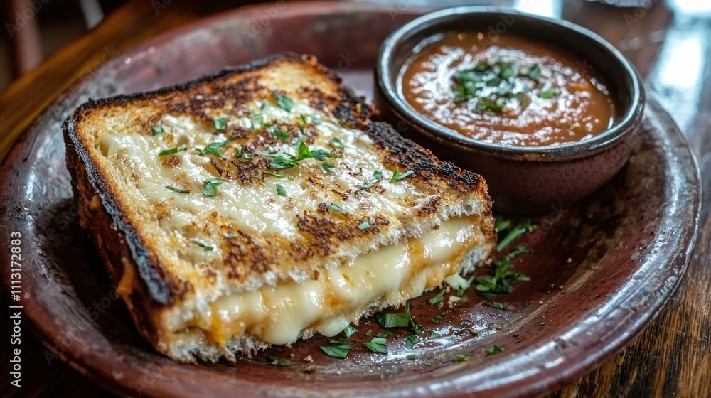 A grilled cheese sandwich with melted cheddar oozing out, served on a rustic plate with a side of tomato soup A grilled cheese sandwich with melted cheddar oozing out, served on a rustic plate with a side of tomato soup