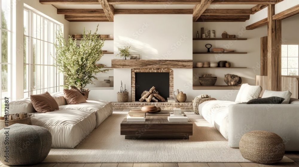 Cozy rustic living room with fireplace and large windows. Sunlight streams into a spacious, Cozy rustic living room with fireplace and large windows. Sunlight streams into a spacious,