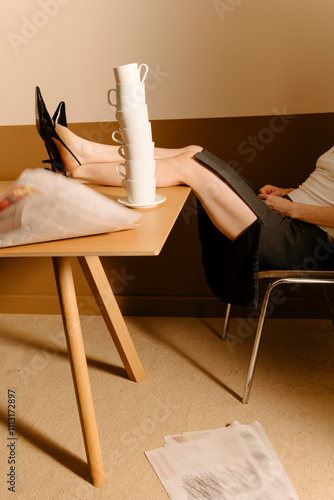 Relaxed Office Worker Balances Coffee Cups on Desk photo