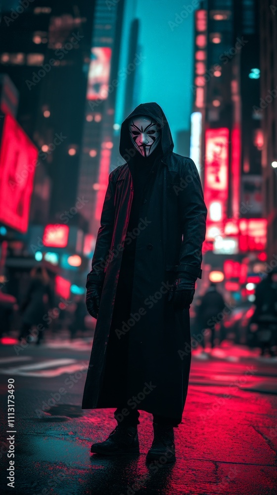 Atmospheric portrait of a lone figure in a black coat and Vendetta mask, blending into the evening streets of New York; cinematic color grading creates a hauntingly mysterious mood Atmospheric portrait of a lone figure in a black coat and Vendetta mask, blending into the evening streets of New York; cinematic color grading creates a hauntingly mysterious mood