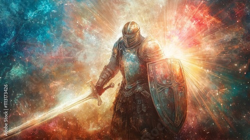 Artistic representation of the Armor of God from Ephesians 6:13-14, featuring a figure in full biblical armor, each piece symbolizing protection and strength in spiritual warfare photo