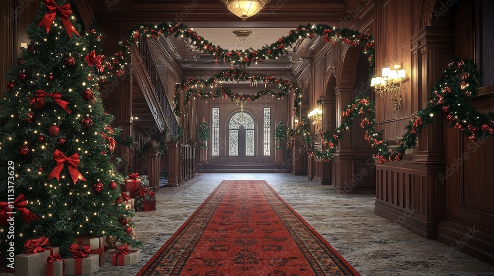 Beautifully decorated hallway with a Christmas tree, garlands, and red bows Beautifully decorated hallway with a Christmas tree, garlands, and red bows