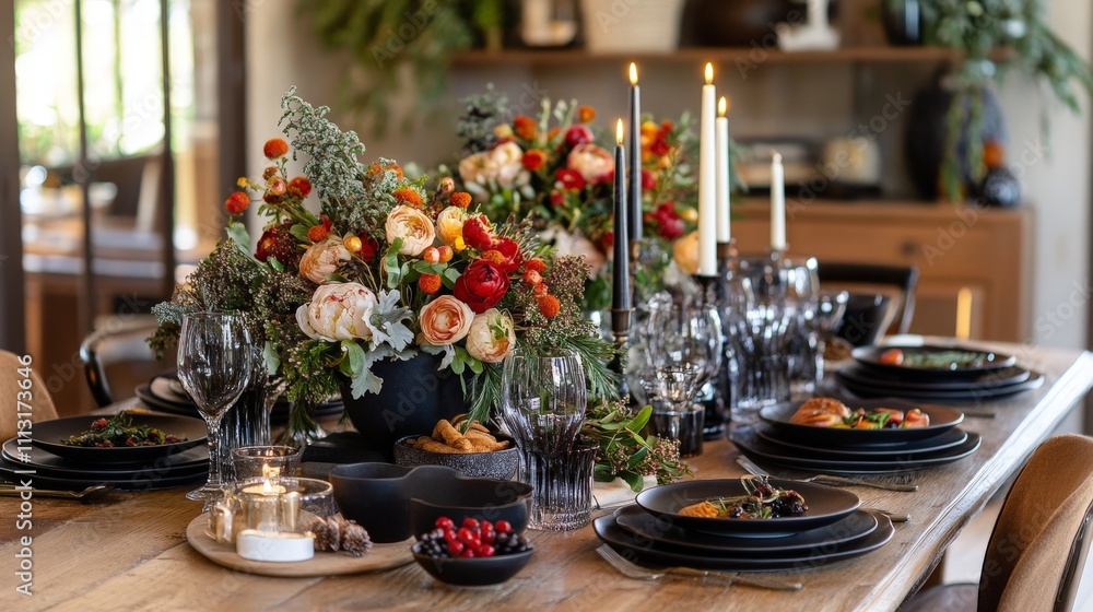 Beautifully set holiday dinner table with festive centerpieces, candles, and seasonal dishes Beautifully set holiday dinner table with festive centerpieces, candles, and seasonal dishes