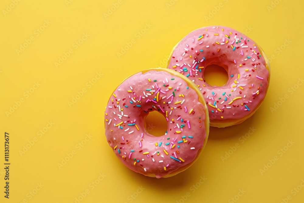 Two colorful donuts with pink icing and sprinkles on a bright yellow background, perfect for sweet treats and dessert concepts. Two colorful donuts with pink icing and sprinkles on a bright yellow background, perfect for sweet treats and dessert concepts.
