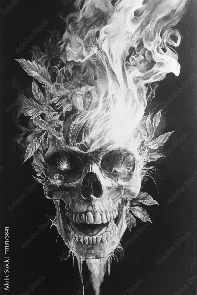 Black and white hyper-realistic drawing of a smoke-formed skull, flames enveloping the top with intense highlights, swirling leaves around the lower portion Black and white hyper-realistic drawing of a smoke-formed skull, flames enveloping the top with intense highlights, swirling leaves around the lower portion