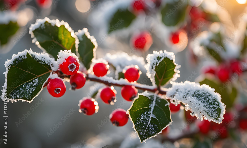 Red berries covered in snow sit on a green holly branch in a snowy, winter scene.