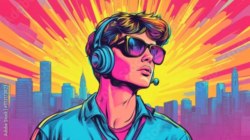 A colorful pop art style poster of an attractive young man wearing headphones and sunglasses