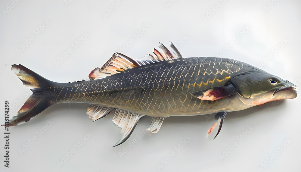 Naklejka premium Arapaima Fish with Long Body and Sharp Fins on White Background