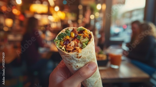 Obraz na płótnie A person holding a Chipotle burrito, ready to take a bite, with a casual dining setting in the background w salonie