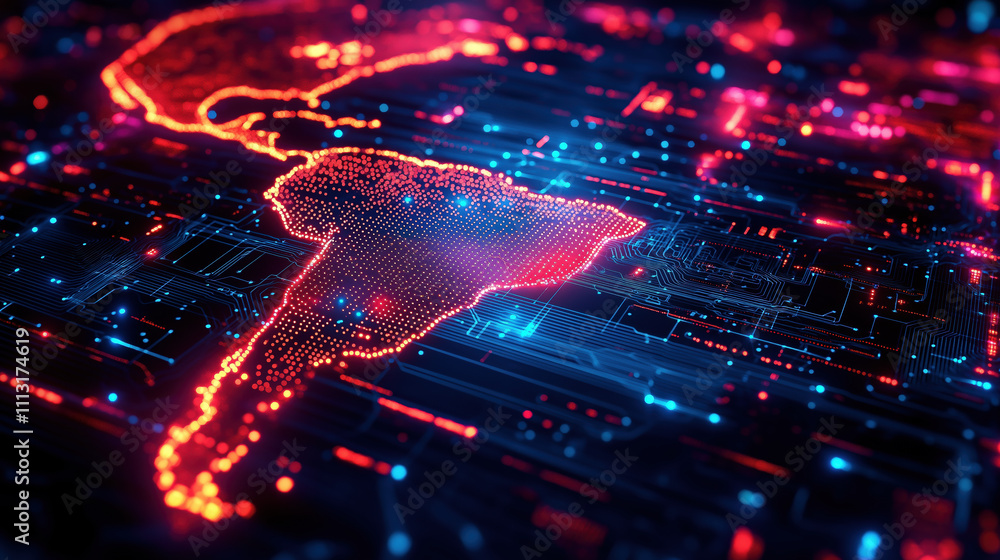 Fototapeta premium Technological map of South America with glowing digital circuits