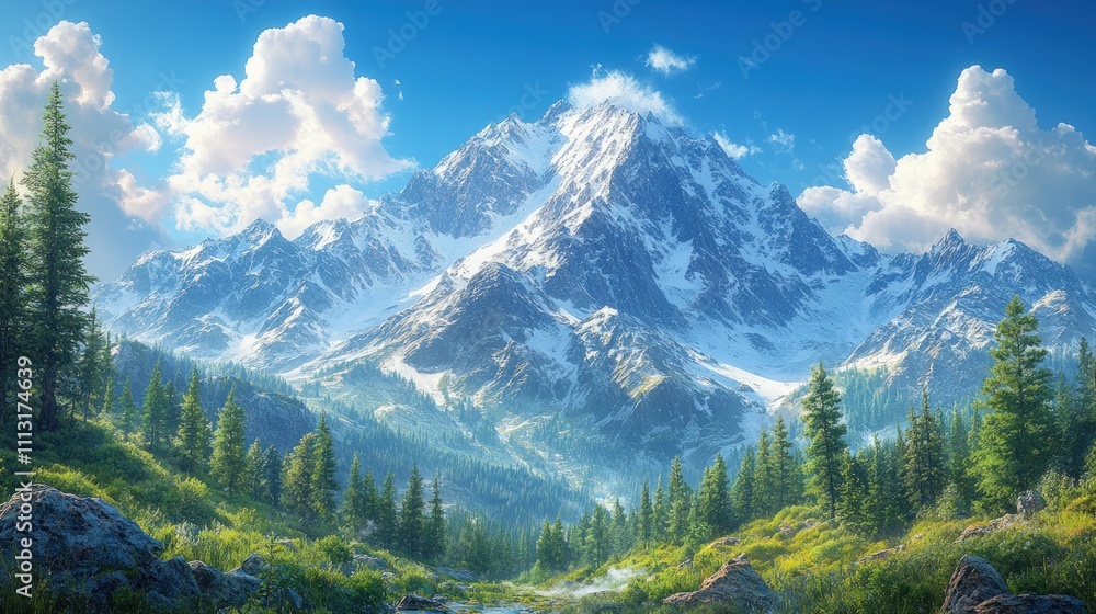 Fototapeta premium Majestic snow-capped mountains, lush green valley.