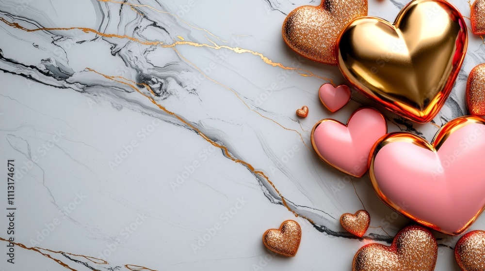 Naklejka premium Elegant Valentine's Day Background With Marble Texture And Colorful Heart Decorations