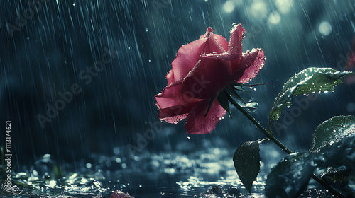 Single pink rose in the rain.