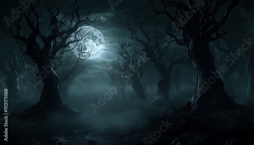 dark forest with twisted trees and a full moon casting ghostly shadows