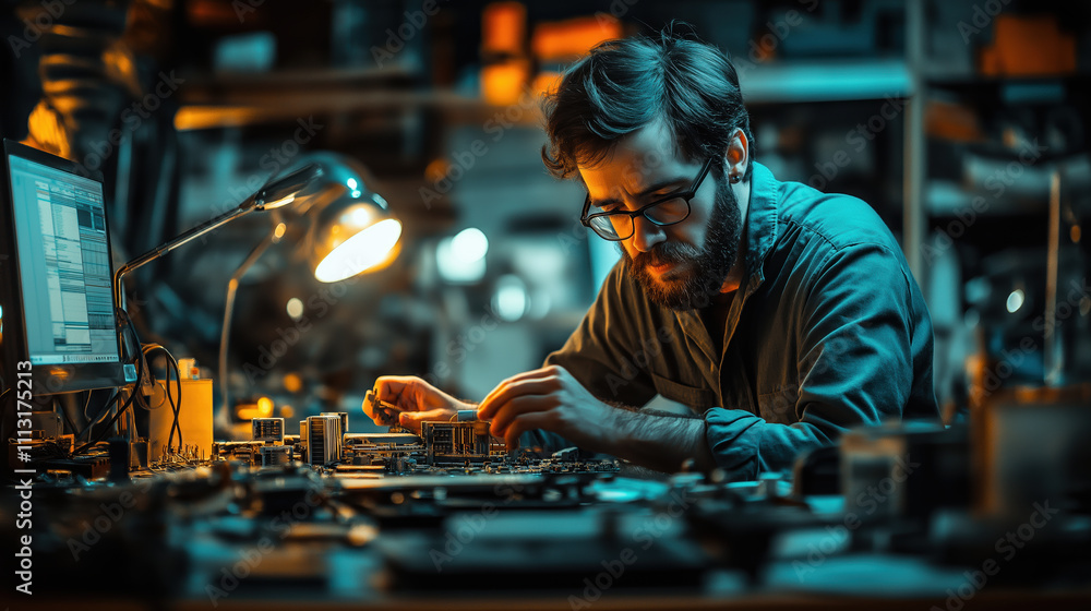 Caucasian man working on electronics in dimly lit workshop with computer and lamp Caucasian man working on electronics in dimly lit workshop with computer and lamp