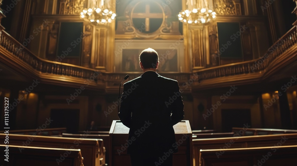 A politician giving a speech at a podium in a grand government building, symbolizing political capital
