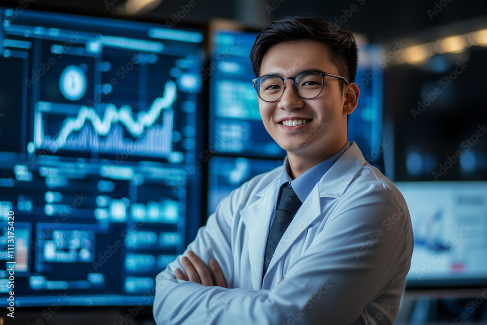Confident Financial Product Manager Standing in Front of Data Screen Confident Financial Product Manager Standing in Front of Data Screen