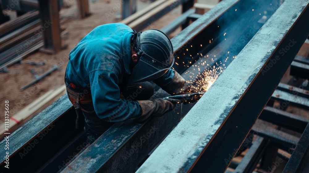 A close-up shot of a construction worker welding steel beams at a high-rise construction site, Steel welding scene, Structural welding style A close-up shot of a construction worker welding steel beams at a high-rise construction site, Steel welding scene, Structural welding style