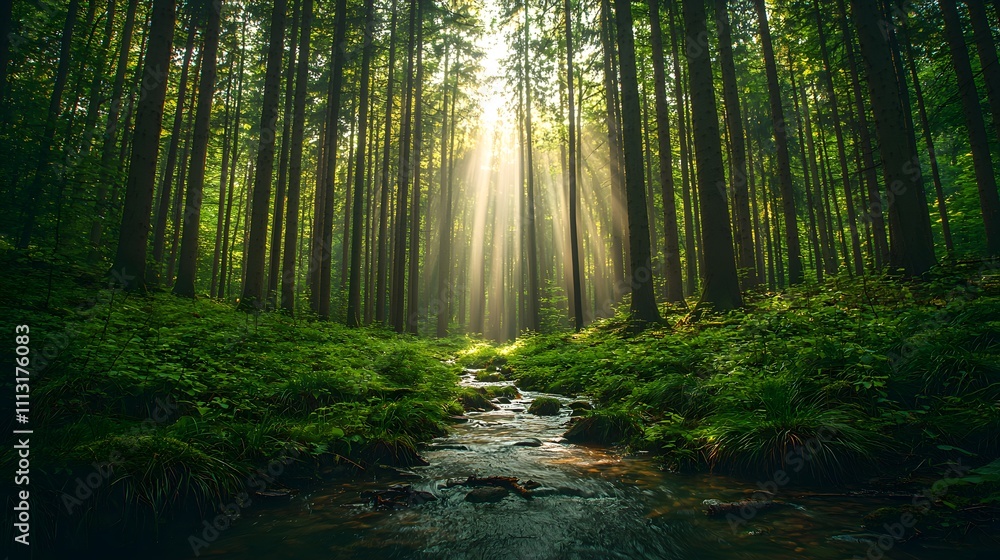 Obraz premium Sunlight Streaming Through Trees Over a Tranquil Stream in a Lush Forest Nature Photography Peaceful Environment