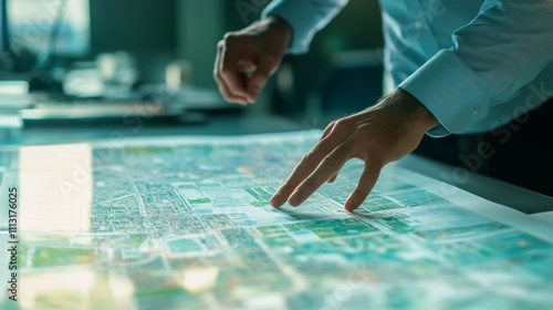 Fototapeta Naklejka Na Ścianę i Meble -  A close-up shot of an urban planner reviewing city maps and blueprints in a bustling municipal planning office, Urban planning office scene, Strategic planning style