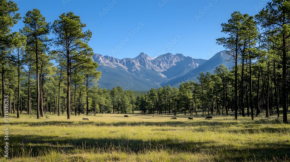 Fototapeta premium Scenic View of Majestic Mountains and Lush Pine Forest Nature Landscape Clear Sky Tranquil Environment