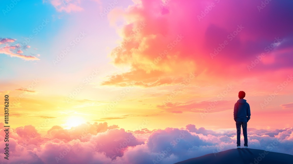 Dreamy Sunset Over Clouds with Silhouette of Person Gazing at Heavenly Sky Colors Dreamy Sunset Over Clouds with Silhouette of Person Gazing at Heavenly Sky Colors