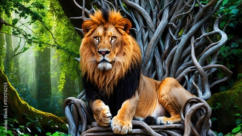 A majestic lion seated on a throne made of twisted branches and vines in the heart of a dense forest, photo