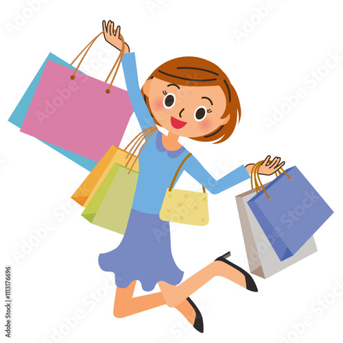 買物袋を持って女性がジャンプしている
