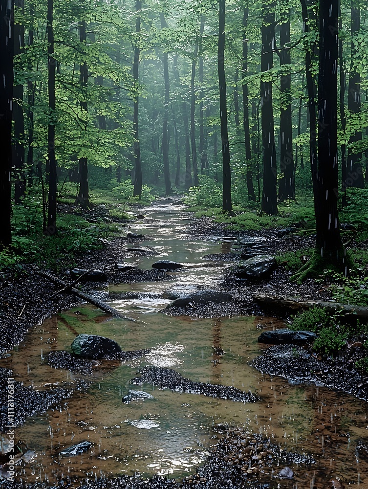 Obraz premium A serene forest scene with a gentle stream winding through lush green trees, creating a tranquil and reflective atmosphere under soft misty light.
