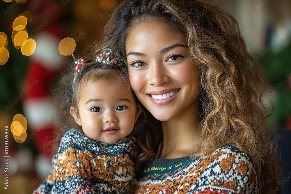 Happy mom and baby celebrate Christmas Happy mom and baby celebrate Christmas