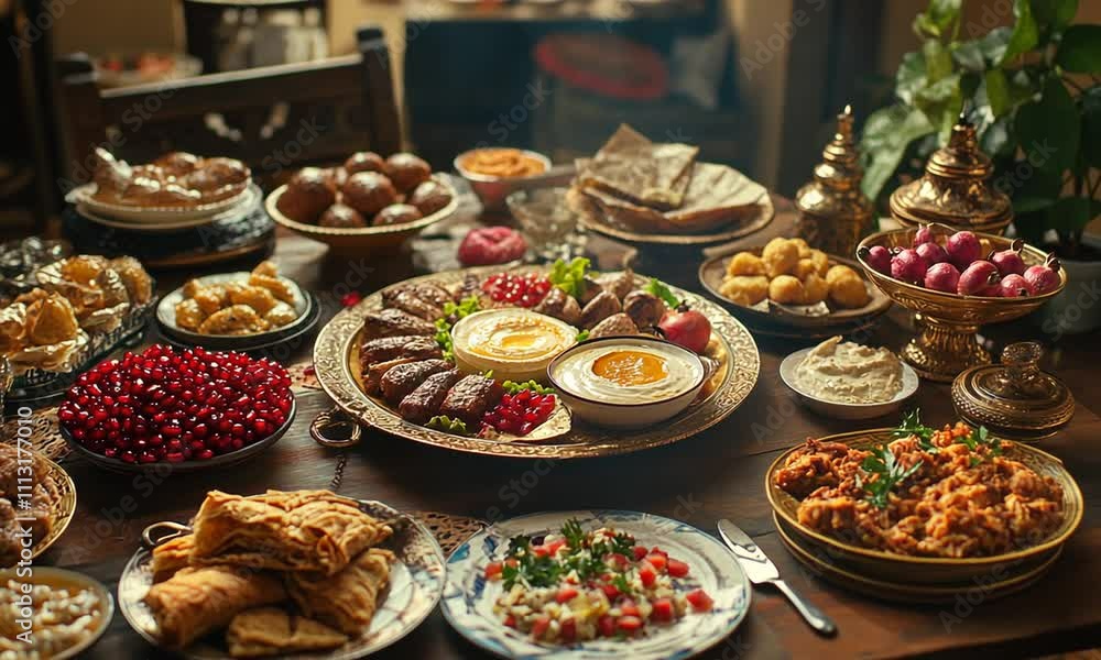 A lavish Middle Eastern feast, showcasing an array of traditional dishes and vibrant colors. A lavish Middle Eastern feast, showcasing an array of traditional dishes and vibrant colors.