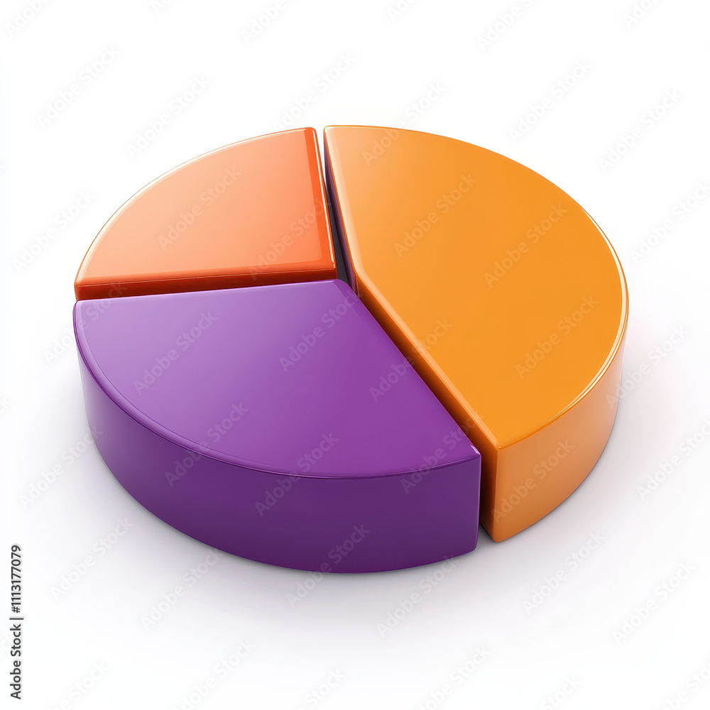 Fototapeta premium 3D orange and purple pie chart with three segments, isolated on white