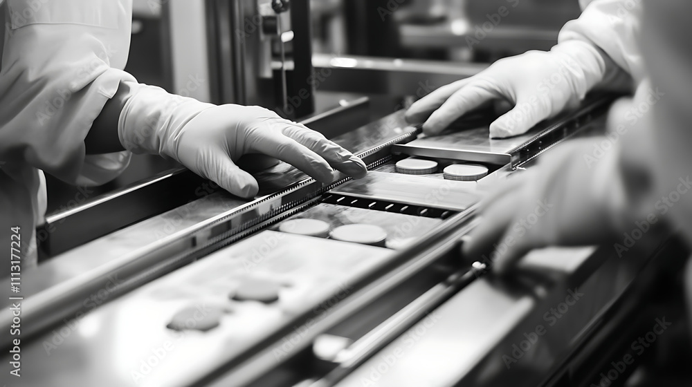 Gloved hands carefully handling products on a conveyor belt in a manufacturing facility. Gloved hands carefully handling products on a conveyor belt in a manufacturing facility.