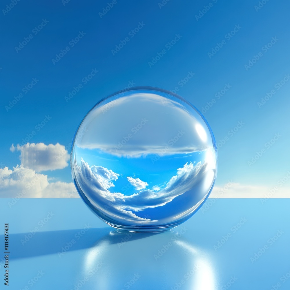 A glass sphere reflecting a blue sky and clouds. A glass sphere reflecting a blue sky and clouds.