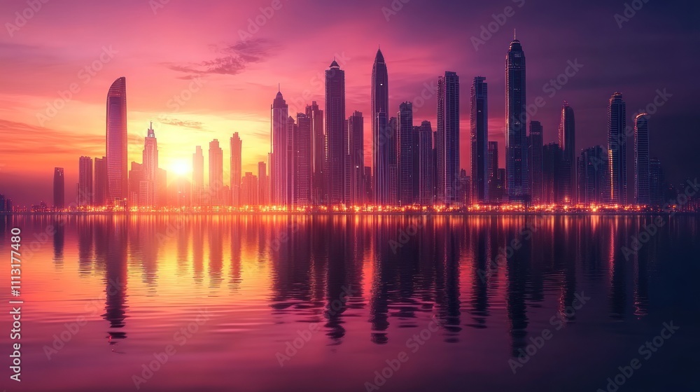 Obraz premium City skyline at sunset reflecting on water.