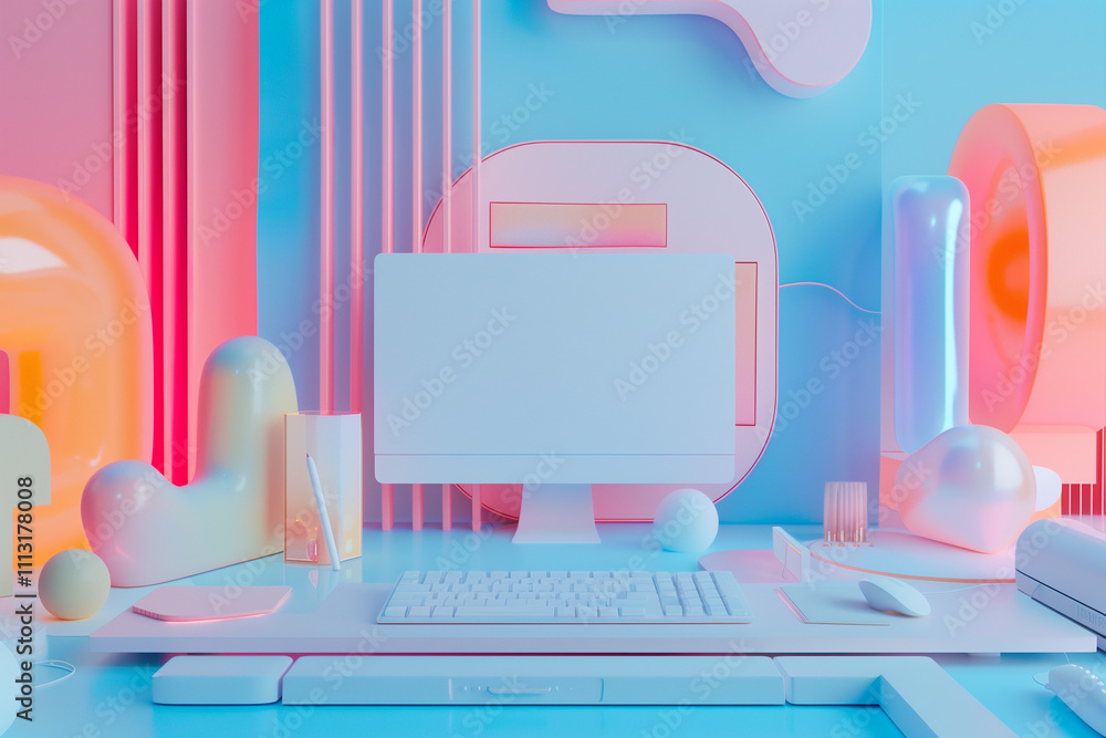 Abstract 3D work and study desk with computer showing geometric and colorful stationary. Funny and playful design. Modern creativity art.
Abstract 3D work and study desk with computer showing geometric and colorful stationary. Funny and playful design. Modern creativity art.
