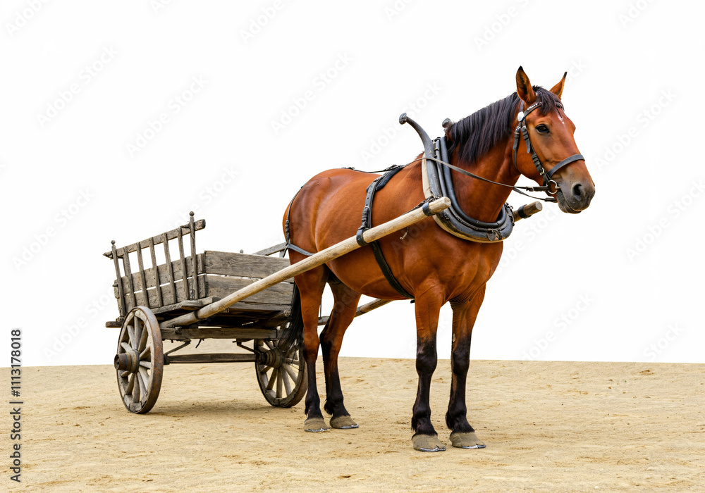 A brown horse harnessed to a wooden cart on a sandy surface. A brown horse harnessed to a wooden cart on a sandy surface.