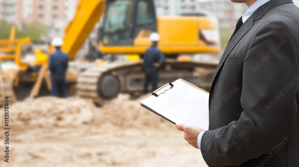 A construction manager holding a clipboard, supervising the site with workers and machinery in the background, Site supervision scene A construction manager holding a clipboard, supervising the site with workers and machinery in the background, Site supervision scene
