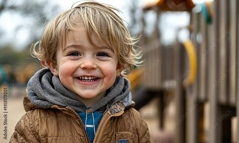 A cheerful young child smiling at a playground, wearing a brown jacket and gray hoodie. A cheerful young child smiling at a playground, wearing a brown jacket and gray hoodie.