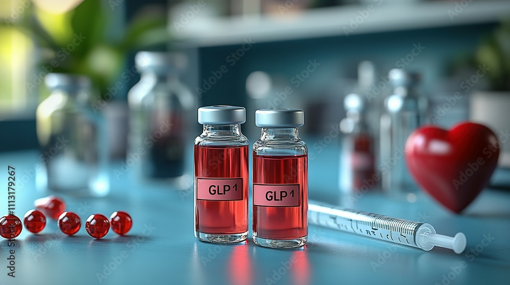 Two GLP1 vials sit on a lab table near a red heart