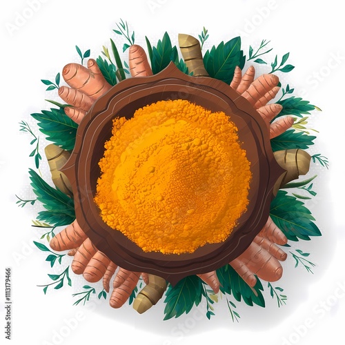 cartoon design of turmeric spice powder in a wooden bowl surrounded with turmeric roots and green,  leaves top view isolated white background photo