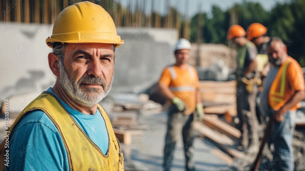 A construction supervisor inspecting a concrete pour at a building foundation, with workers in the background, looking at the camera A construction supervisor inspecting a concrete pour at a building foundation, with workers in the background, looking at the camera