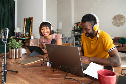 Cheeful Man And Woman Recording Podcast Indoors photo