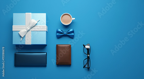 Wallpaper Mural Blue gift box with white ribbon, cup of coffee, blue bow tie, dark blue wallet, brown wallet, and black eyeglasses on blue background. Torontodigital.ca