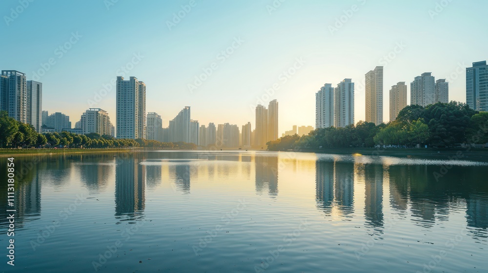 A tranquil view of the lake bordered by tall buildings A tranquil view of the lake bordered by tall buildings