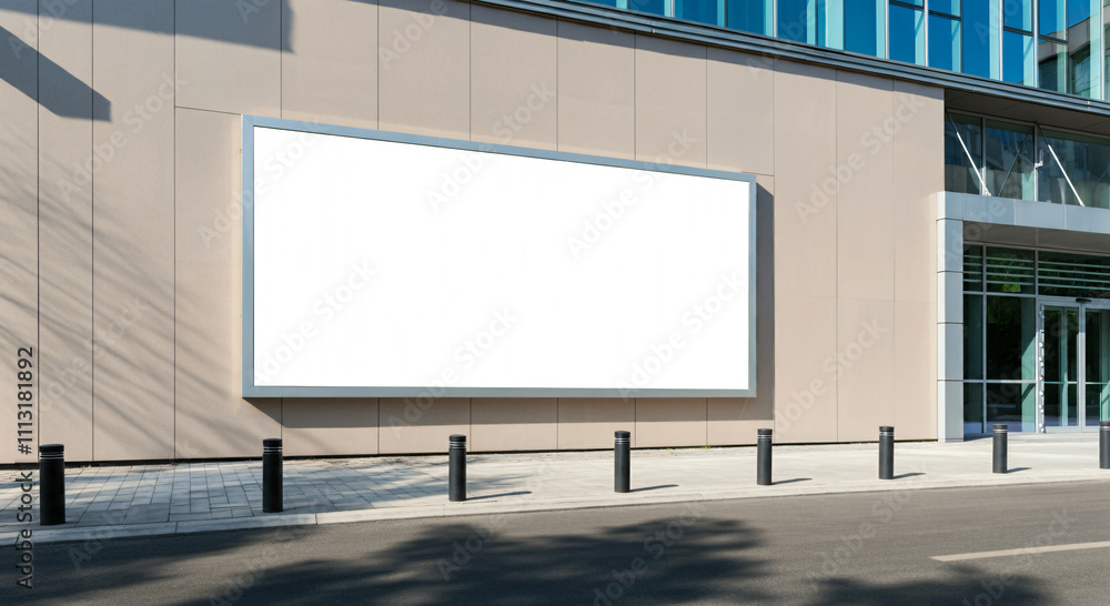 Large blank billboard on a modern building facade with bollards in the foreground. Large blank billboard on a modern building facade with bollards in the foreground.